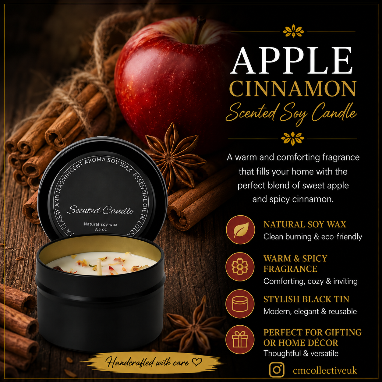 Apple Cinnamon scented soy candle in a black tin, with the C.M Collective logo removed