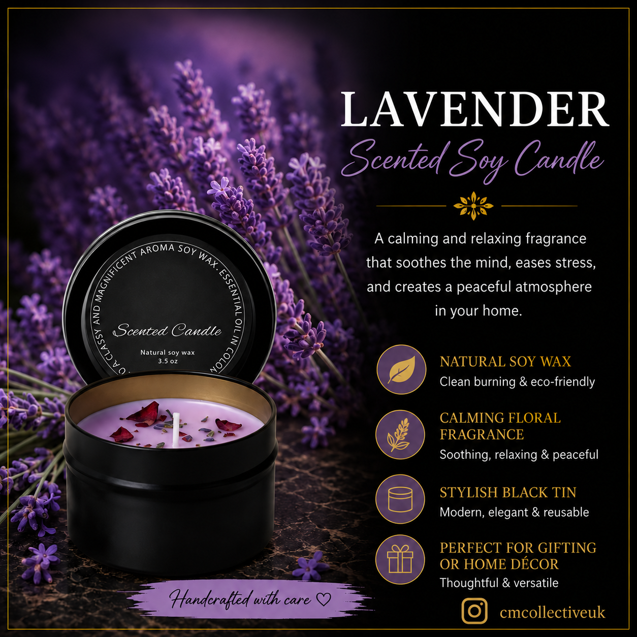 Lavender scented soy candle in a black tin, with the C.M Collective logo removed