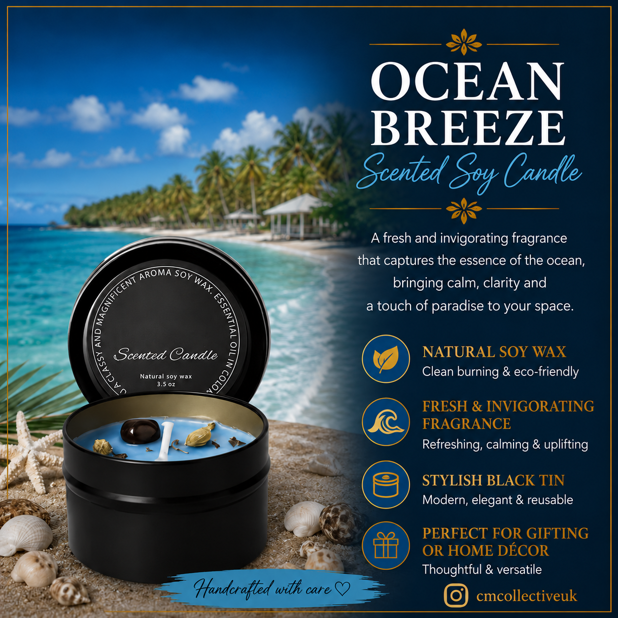 Ocean Breeze scented soy candle in a black tin, with the C.M Collective logo removed